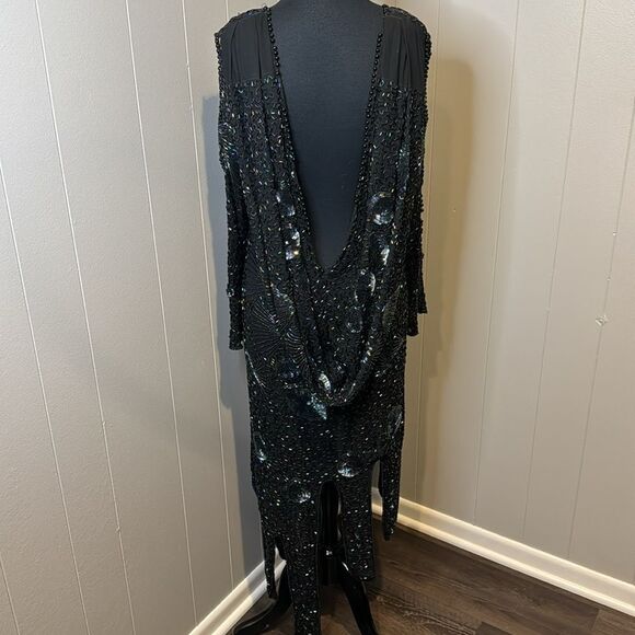 Stunning vintage beaded sequin black plung draped back neckline panel hem midi - Picture 2 of 13